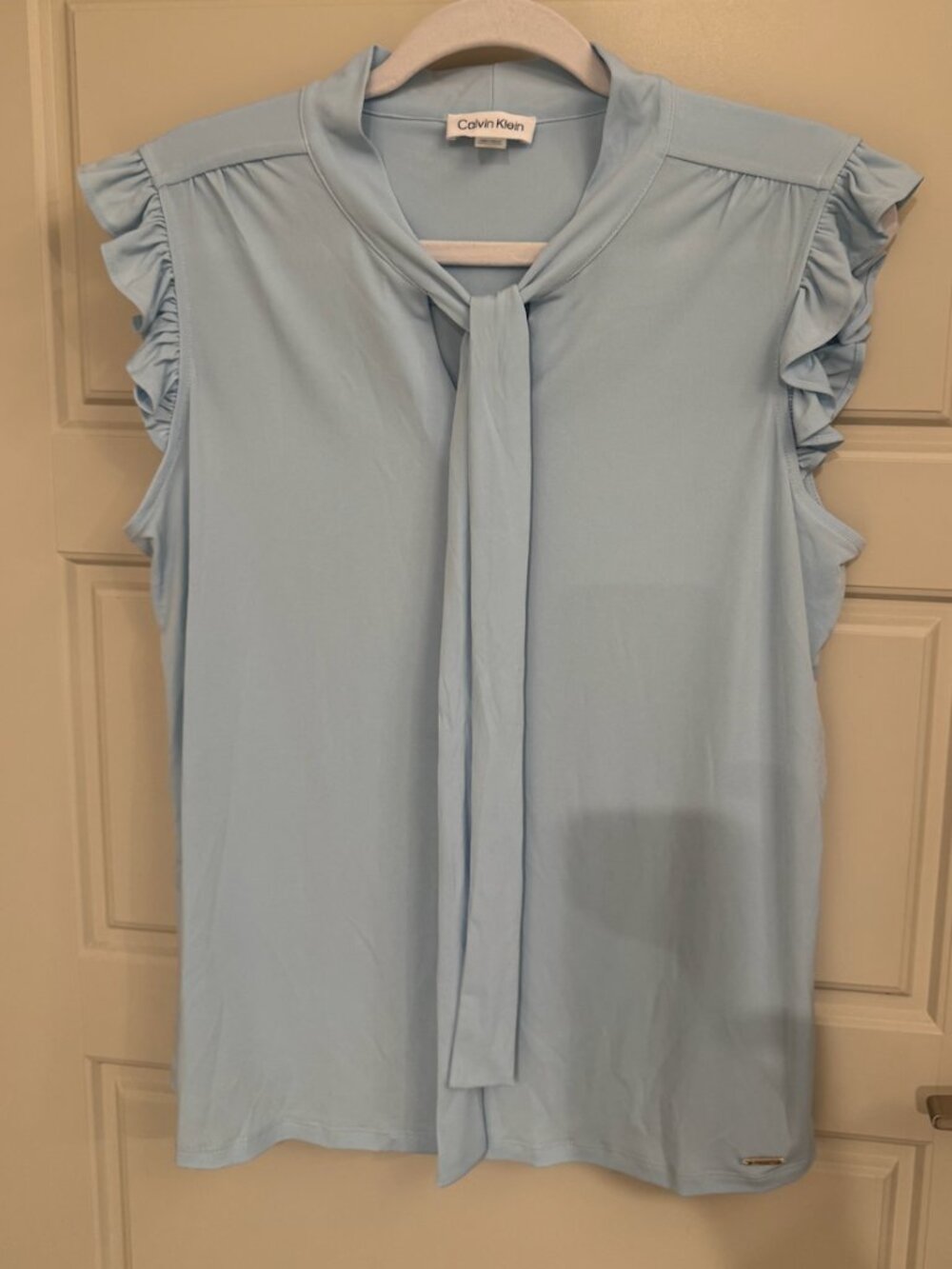 Calvin Klein Light Blue Tie Neck Top | size: L